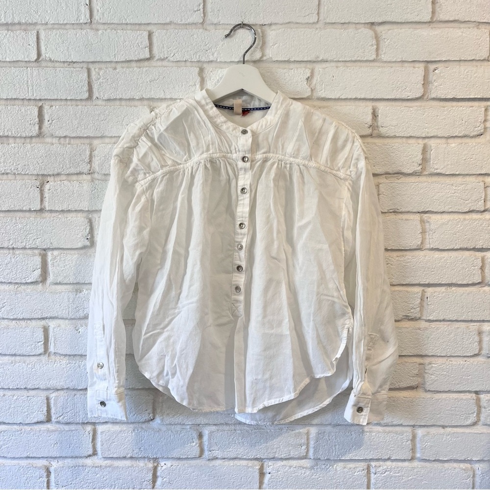 Anthropologie Pilcro Henley Pullover Ruched Cotton Blouse White Size XXS